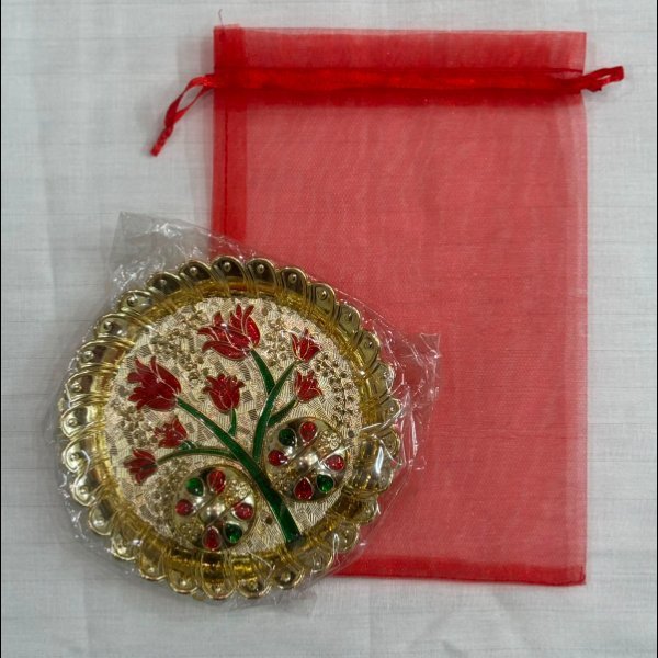 Golden Meenakari Floral Pooja Plate Set with Red Organza Pouch